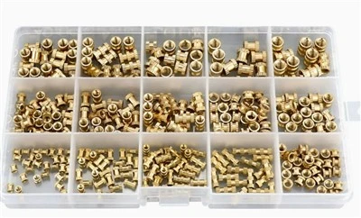 Kaxxa tal-Assortiment ta' 330 Biċċa: Ġewż ta' Daħħal tar-Ram Knurled Għall-iffurmar tal-injezzjoni (M2–M5)